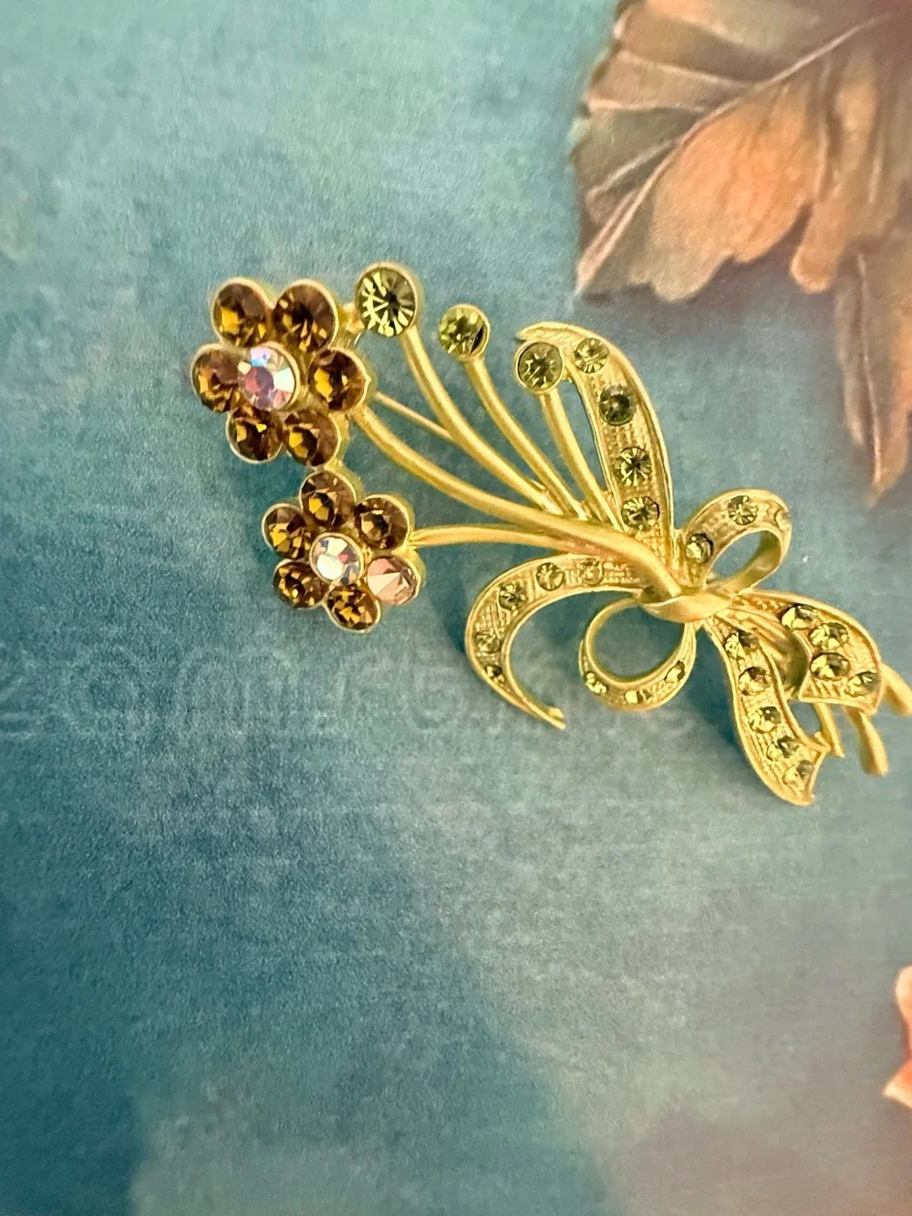 Gold Floral Bow Brooch with Amber Crystals